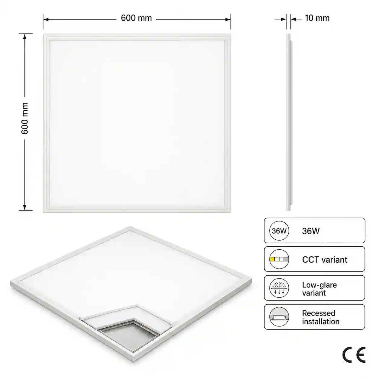Detail LED panelu 600x600mm 36W — certifikace CE a rozměry pro podhledovou montáž